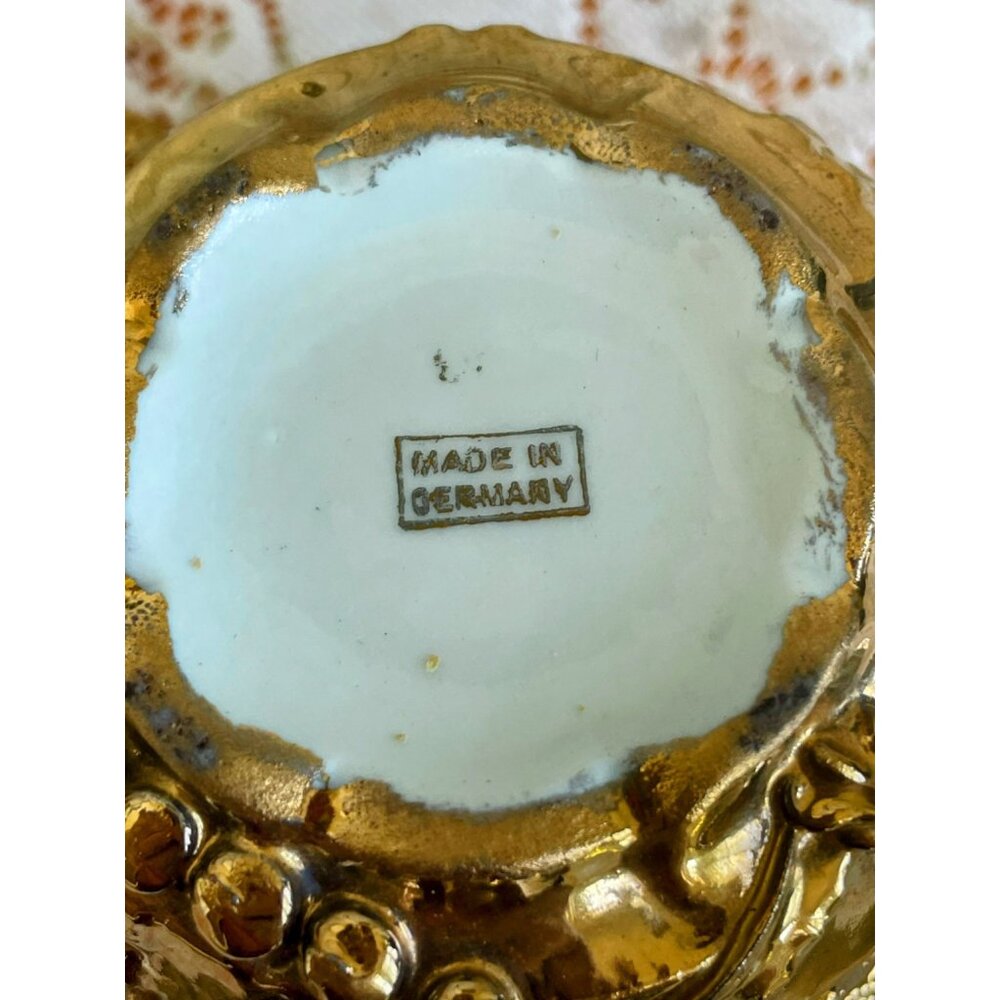 Antique German Porcelain Teacup Saucer Heavy Gold Cobalt Blue 3D Flower - Picture 7 of 16